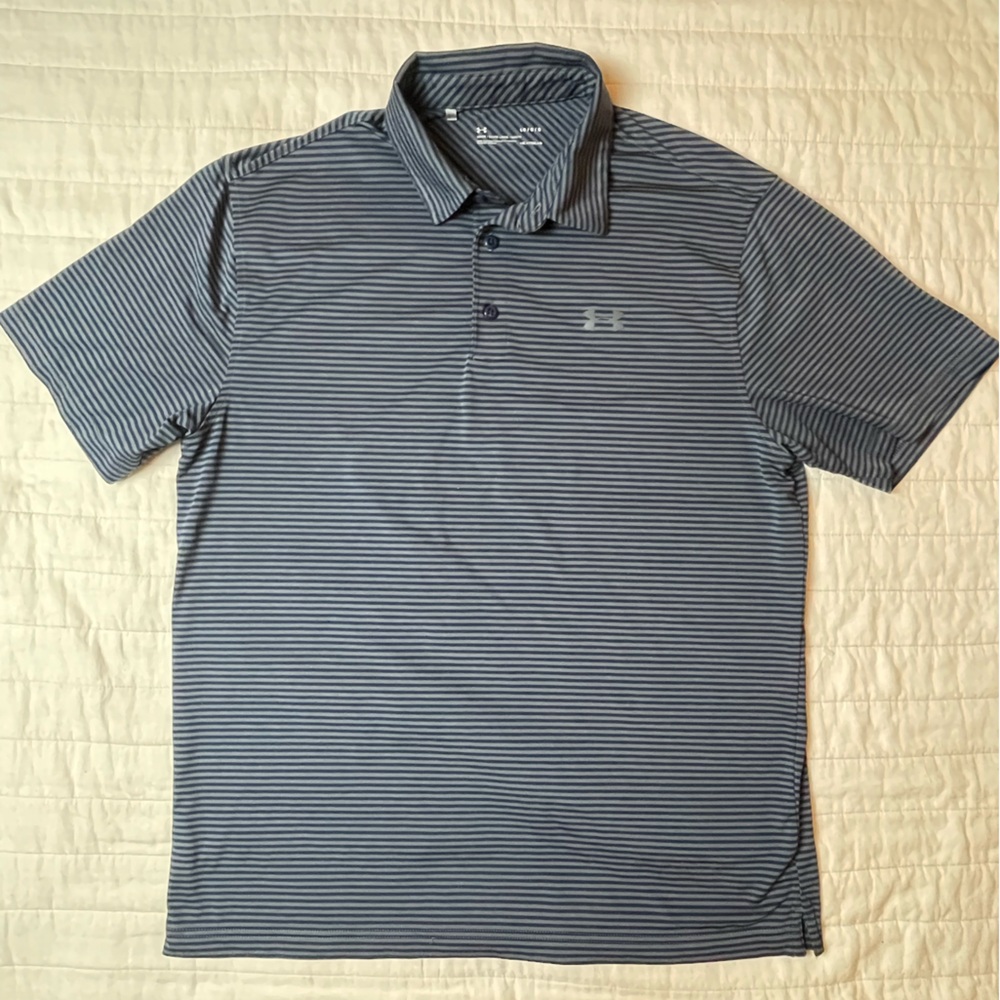 Under Armour Men's Blue and Grey Striped Polo Shirt Large